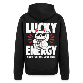 Lucky Energy Cool Cat - Unisex Premium Bio Zip Hoodie - Schwarz - Hinten - Nico (187cm)