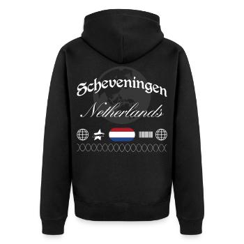 Scheveningen Niederlande Streetwear Reise Souvenir - Unisex Premium Bio Zip Hoodie - Schwarz - Hinten - Nico (187cm)