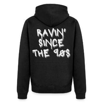 Raving Since the 90s – Idee für raving Techno, DnB - Unisex Premium Bio Zip Hoodie - Schwarz - Hinten - Nico (187cm)