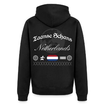 Zaanse Schans Niederlande Streetwear Reise - Unisex Premium Bio Zip Hoodie - Schwarz - Hinten - Nico (187cm)