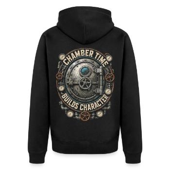 Tiefseearbeiter Chamber Time Builds Character - Unisex Premium Bio Zip Hoodie - Schwarz - Hinten - Nico (187cm)