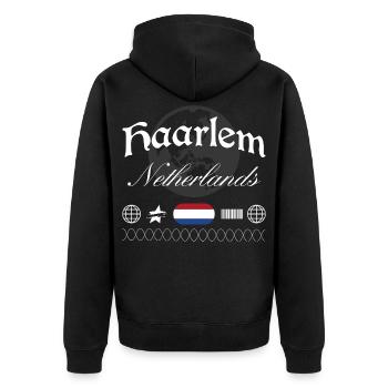 Haarlem Niederlande Streetwear Reise Souvenir - Unisex Premium Bio Zip Hoodie - Schwarz - Hinten - Nico (187cm)