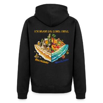 Ich nehm die linke Insel – Bierküste vs. Obstküste - Unisex Premium Bio Zip Hoodie - Schwarz - Hinten - Nico (187cm)