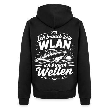 Wellen statt WLAN – Bootsmotiv - Unisex Premium Bio Zip Hoodie - Schwarz - Hinten - Nico (187cm)