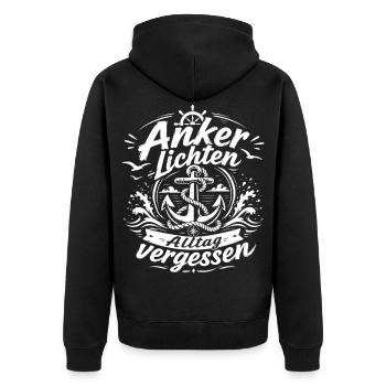 Anker lichten, Alltag vergessen - Unisex Premium Bio Zip Hoodie - Schwarz - Hinten - Nico (187cm)