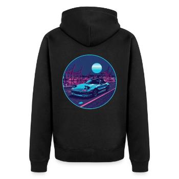 Harbor Run — Teal Roadster at the Neon Port - Unisex Premium Organic Zip Hoodie - black - Back - Nico (187cm)