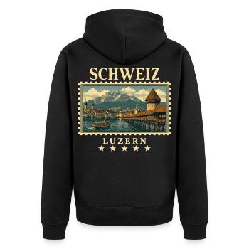 Schweiz Luzern Vintage Reisemarke - Unisex Premium Bio Zip Hoodie - Schwarz - Hinten - Nico (187cm)