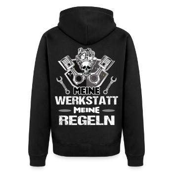 Meine Werkstatt Meine Regeln KFZ_Mechaniker - Unisex Premium Bio Zip Hoodie - Schwarz - Hinten - Nico (187cm)