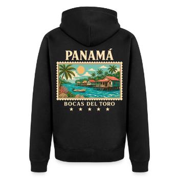 Panama Bocas del Toro Vintage Reisemarke - Unisex Premium Bio Zip Hoodie - Schwarz - Hinten - Nico (187cm)