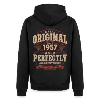 69e anniversaire cadeau Mari Vintage original 1957 - Veste à capuche bio Premium Unisexe - noir - Dos - Nico (187cm)
