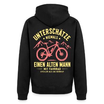 Unterschätze keinen alten Mann auf dem Rad - Unisex Premium Bio Zip Hoodie - Schwarz - Hinten - Nico (187cm)