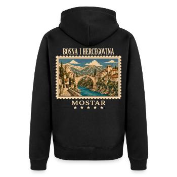 Bosnien Mostar Vintage Reisemarke - Unisex Premium Bio Zip Hoodie - Schwarz - Hinten - Nico (187cm)