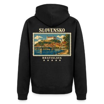 Slowakei Bratislava Vintage Reisemarke - Unisex Premium Bio Zip Hoodie - Schwarz - Hinten - Nico (187cm)