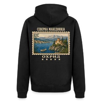 Nordmazedonien Ohrid Vintage Reisemarke - Unisex Premium Bio Zip Hoodie - Schwarz - Hinten - Nico (187cm)