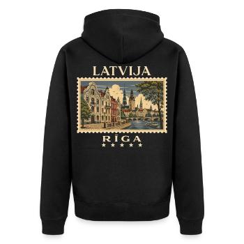 Lettland Riga Vintage Reisemarke - Unisex Premium Bio Zip Hoodie - Schwarz - Hinten - Nico (187cm)