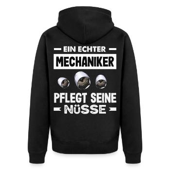 Ein Echter Mechaniker Pflegt Seine Nüsse Kfz Auto - Unisex Premium Bio Zip Hoodie - Schwarz - Hinten - Nico (187cm)