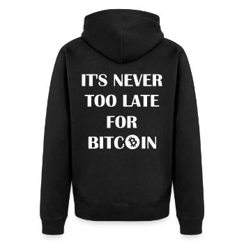 Nie zu spät für Bitcoin - Unisex Premium Bio Zip Hoodie - Schwarz - Hinten - Nico (187cm)