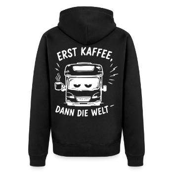 Erst Kaffee, Dann Die Welt - Unisex Premium Bio Zip Hoodie - Schwarz - Hinten - Nico (187cm)