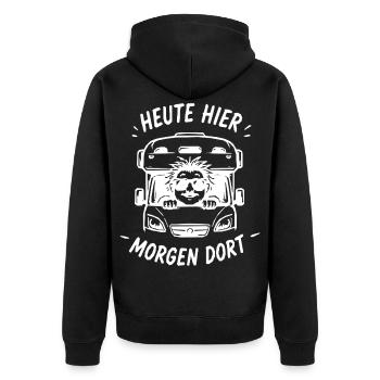 Löwe im LKW – Heute Hier Morgen Dort - Unisex Premium Bio Zip Hoodie - Schwarz - Hinten - Nico (187cm)
