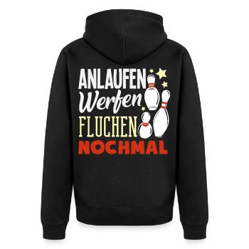 Anlaufen Werfen Fluchen Bowling - Unisex Premium Bio Zip Hoodie - Schwarz - Hinten - Nico (187cm)