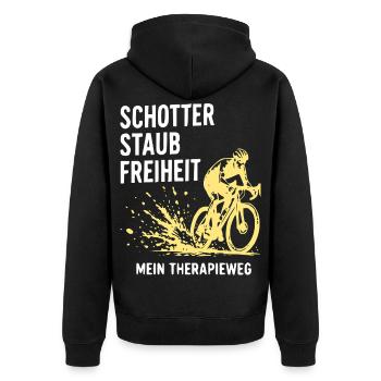 Schotter Freiheit – Mein Therapieweg - Unisex Premium Bio Zip Hoodie - Schwarz - Hinten - Nico (187cm)