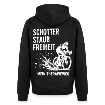 Schotter Freiheit Gravelradfahren - Unisex Premium Bio Zip Hoodie - Schwarz - Hinten - Nico (187cm)