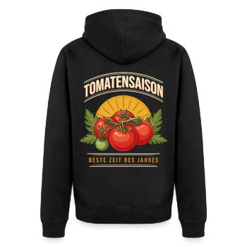 Tomatensaison – Beste Zeit des Jahres - Unisex Premium Bio Zip Hoodie - Schwarz - Hinten - Nico (187cm)