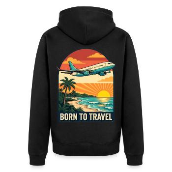 Born to Travel Palm Sea Beach with Air Plane - Unisex Premium Bio Zip Hoodie - Schwarz - Hinten - Nico (187cm)