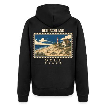 Deutschland Sylt Vintage Reisemarke - Unisex Premium Bio Zip Hoodie - Schwarz - Hinten - Nico (187cm)