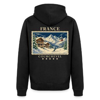 Frankreich Courchevel Vintage Reisemarke - Unisex Premium Bio Zip Hoodie - Schwarz - Hinten - Nico (187cm)