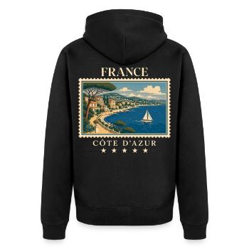 Frankreich Côte d’Azur Vintage Reisemarke - Unisex Premium Bio Zip Hoodie - Schwarz - Hinten - Nico (187cm)