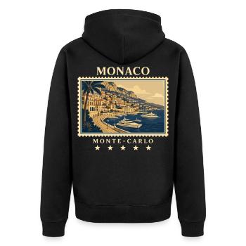 Monaco Monte-Carlo Vintage Reisemarke - Unisex Premium Bio Zip Hoodie - Schwarz - Hinten - Nico (187cm)