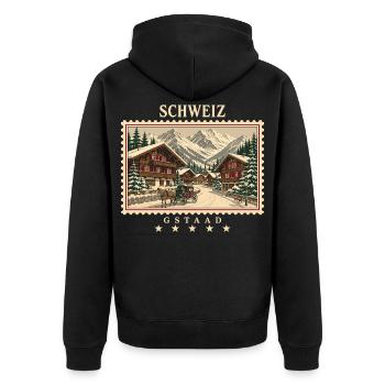Schweiz Gstaad Vintage Reisemarke - Unisex Premium Bio Zip Hoodie - Schwarz - Hinten - Nico (187cm)