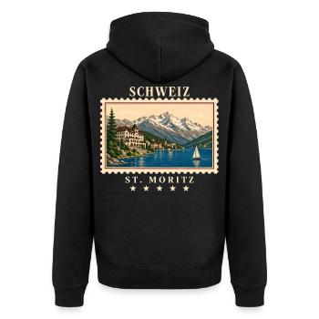 Schweiz St. Moritz Vintage Reisemarke - Unisex Premium Bio Zip Hoodie - Schwarz - Hinten - Nico (187cm)