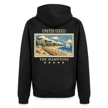 USA La marque de voyage vintage des Hamptons - Veste à capuche bio Premium Unisexe - noir - Dos - Nico (187cm)