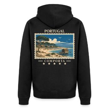 Portugal Comporta Vintage Reisemarke - Unisex Premium Bio Zip Hoodie - Schwarz - Hinten - Nico (187cm)