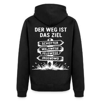 Weg Ist Ziel Signpost Abenteuer - Unisex Premium Bio Zip Hoodie - Schwarz - Hinten - Nico (187cm)