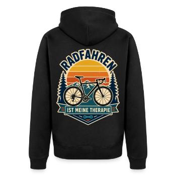 Radfahren ist meine Therapie – Retro Bergtour - Unisex Premium Bio Zip Hoodie - Schwarz - Hinten - Nico (187cm)