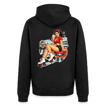 Fille rétro Pin-Up : style roller roller diner des années 50 - Veste à capuche bio Premium Unisexe - noir - Dos - Nico (187cm)