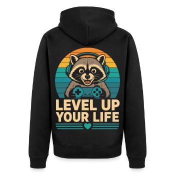 Level Up Your Life Raccoon Gamer - Unisex Premium Organic Zip Hoodie - black - Back - Nico (187cm)