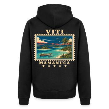 Marque de voyage vintage Mamanuca aux Fidji - Veste à capuche bio Premium Unisexe - noir - Dos - Nico (187cm)
