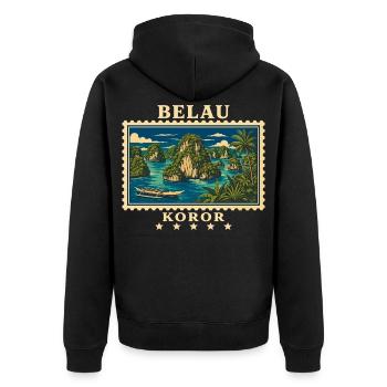 Marque de voyage vintage Palau Koror - Veste à capuche bio Premium Unisexe - noir - Dos - Nico (187cm)