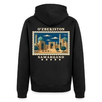 Usbekistan Samarqand Vintage Reisemarke - Unisex Premium Bio Zip Hoodie - Schwarz - Hinten - Nico (187cm)