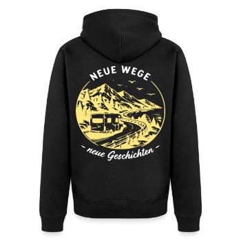 Neue WegeNeue Geschichten Camper-Motiv - Unisex Premium Bio Zip Hoodie - Schwarz - Hinten - Nico (187cm)