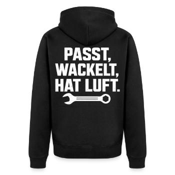 Passt wackelt und hat Luft Handwerker Spruch - Unisex Premium Bio Zip Hoodie - Schwarz - Hinten - Nico (187cm)