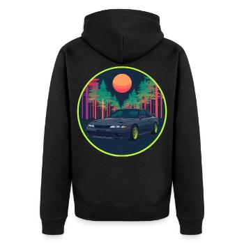 Retro 90er JDM R32 Forest Neon Moon Emblem - Unisex Premium Bio Zip Hoodie - Schwarz - Hinten - Nico (187cm)