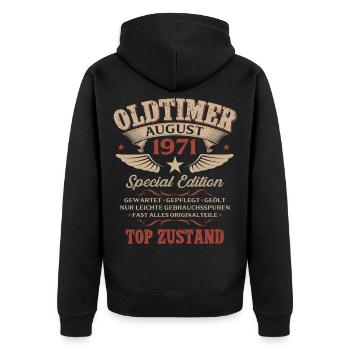 55. Geburtstag Geschenk Mann Oldtimer 1971 August - Unisex Premium Bio Zip Hoodie - Schwarz - Hinten - Nico (187cm)