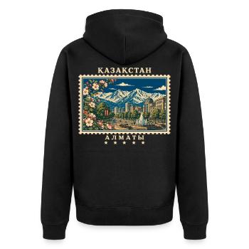 Kasachstan Almaty Vintage Reisemarke - Unisex Premium Bio Zip Hoodie - Schwarz - Hinten - Nico (187cm)