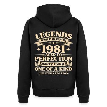 Born in 1981 Simply unique - Unisex Premium Organic Zip Hoodie - black - Back - Nico (187cm)