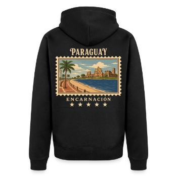 Paraguay Encarnación Vintage Reisemarke - Unisex Premium Bio Zip Hoodie - Schwarz - Hinten - Nico (187cm)